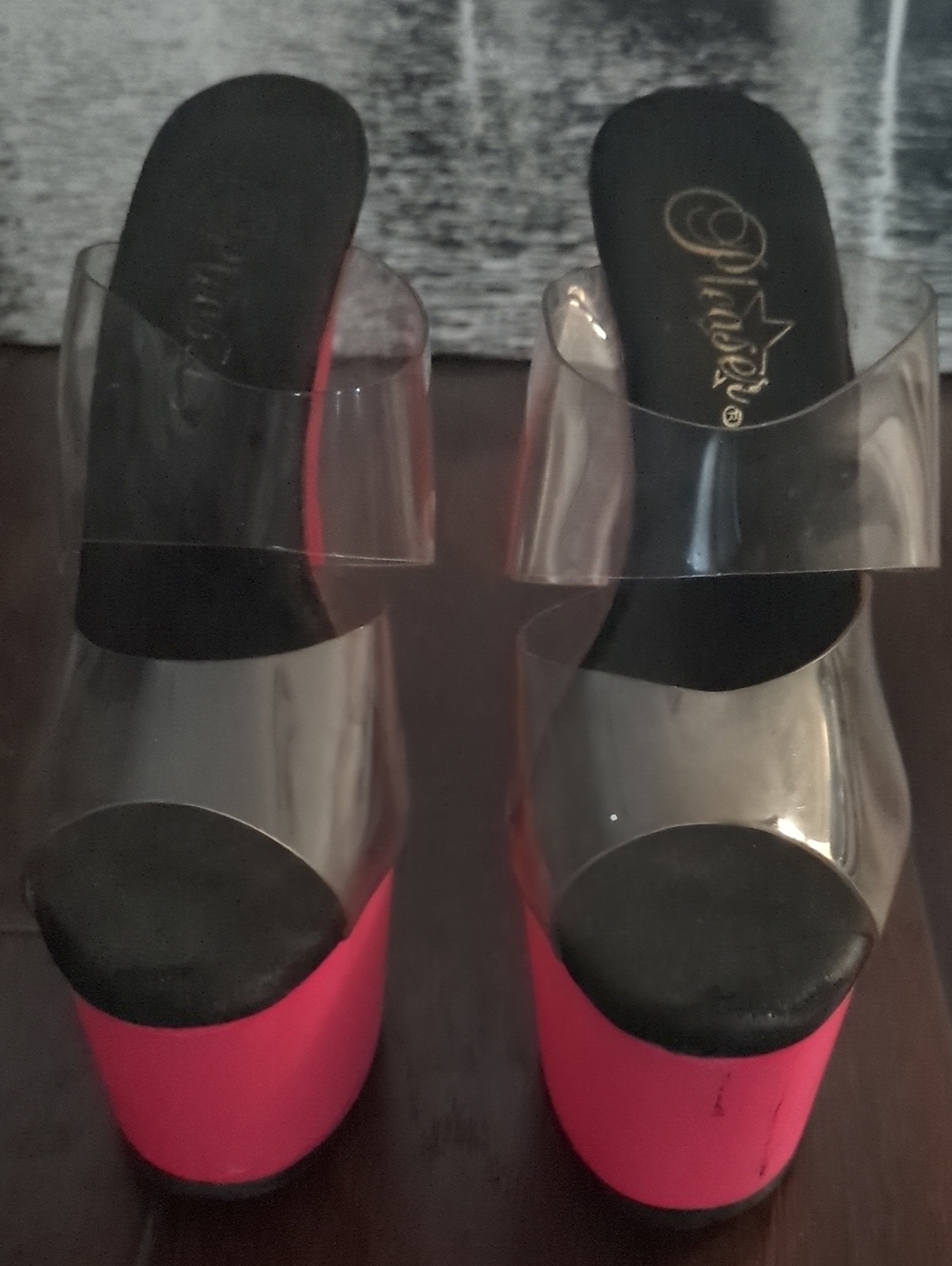 Pleaser Clear Double-Strap Platform Heels in Hot Pink and Black